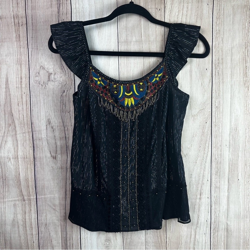 Nanette Lepore Black Top with Colorful Embroidery